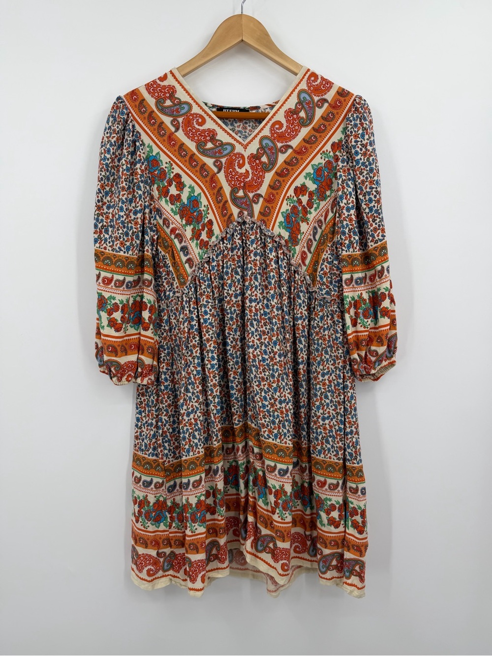 Paisley Floral Boho Babydoll Mini Dress 3/4 Sleeve V Neck Rayon Size S
